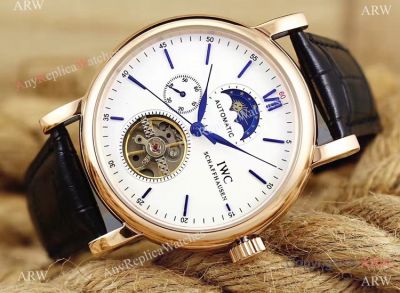 IWC Portofino Tourbillon Moon Phase Fake Watch Black Leather Rose Gold